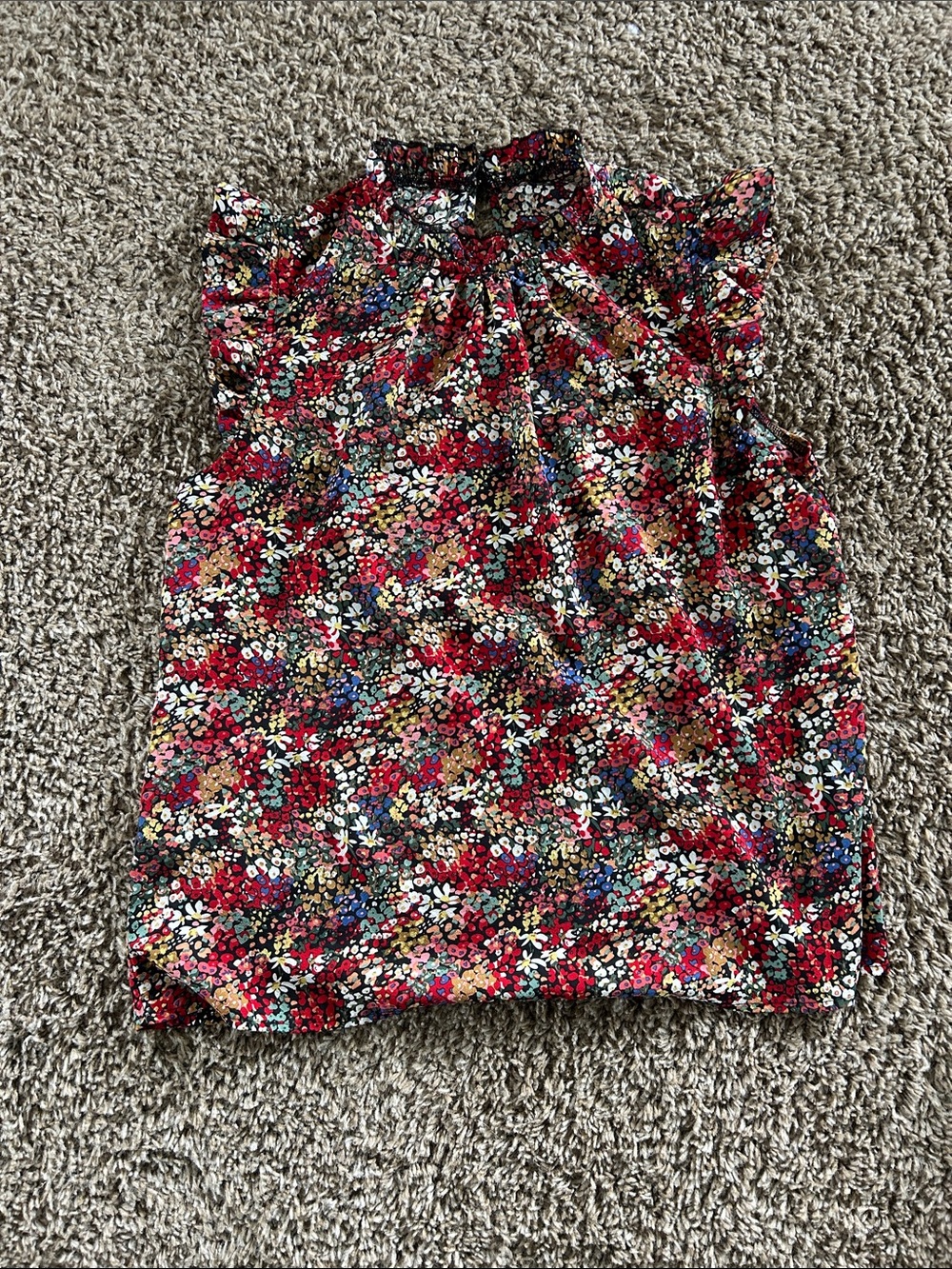Sleeveless Floral Ruffled Neck Blouse - Red Multi